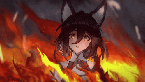 a girl with cat ears is surrounded by fire and looks sad