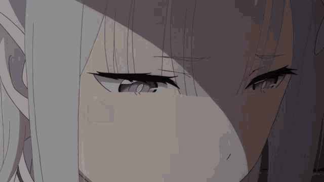 a close up of a anime girl with purple eyes