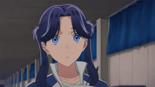 a girl with blue hair is standing in a hallway with blue curtains