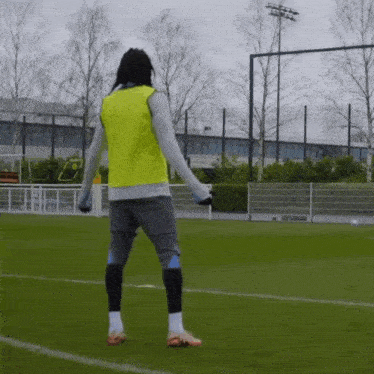 a soccer player wearing a yellow vest is standing on a field