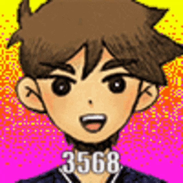 a close up of a cartoon character 's face with a pink background and the number 3568 on it .