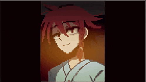 a pixel art of a girl with red hair and a yellow hand pointing to her face