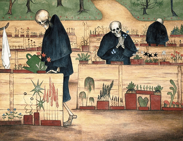 a painting of two skeletons in a garden with plants