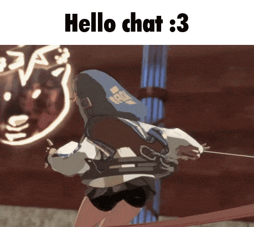 a video game character is holding a sword and says hello chat 3 on the bottom