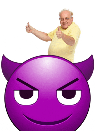 an elderly man giving a thumbs up next to a purple devil face