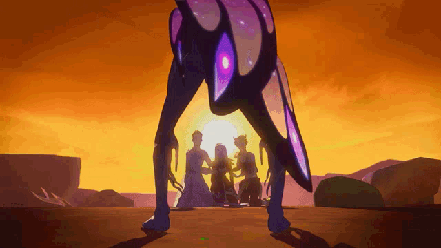 a group of people are standing in front of a purple and orange creature