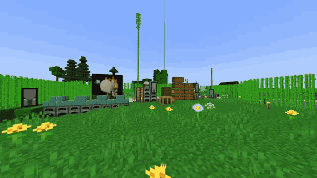 a screenshot of a minecraft game with a fence and flowers in the foreground