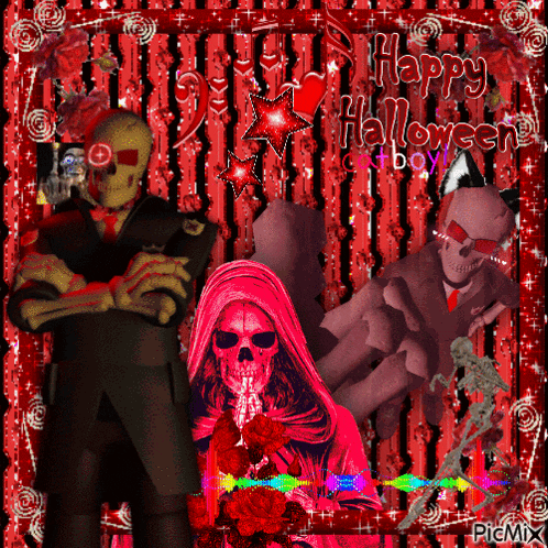 a happy halloween greeting card with skeletons and roses on a red background