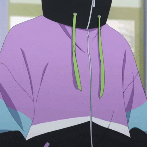 a close up of a person wearing a purple jacket