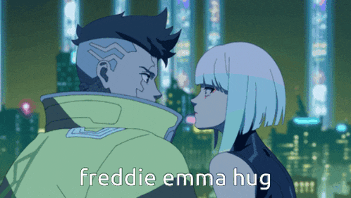 a cartoon of a man and a woman kissing with the words freddie emma hug below them