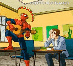 a cartoon of a man sitting at a table while a spiderman plays a guitar