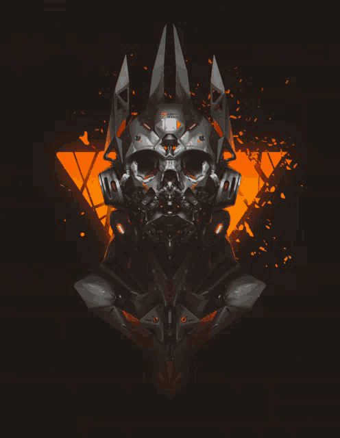 a futuristic skull with a crown and a triangle in the background