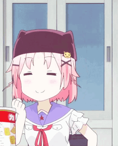 a girl with pink hair and a cat hat is holding a can of chips