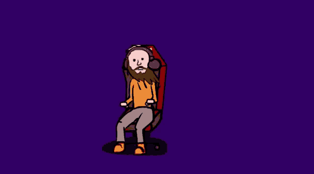 a cartoon of a man with a beard sitting in a chair with headphones .