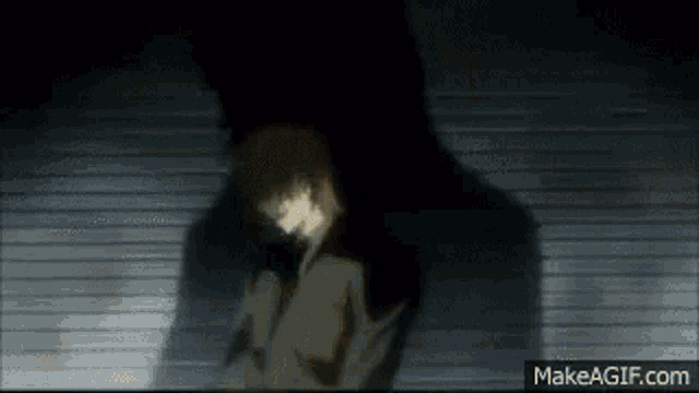 a shadow of a man is cast on a wall with the website makeagif.com visible