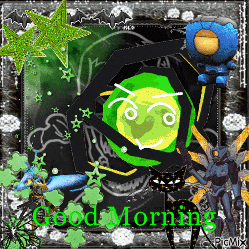 a picture of a black cat with a green face and the words good morning