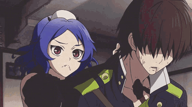 a girl with blue hair and red eyes is standing next to a man
