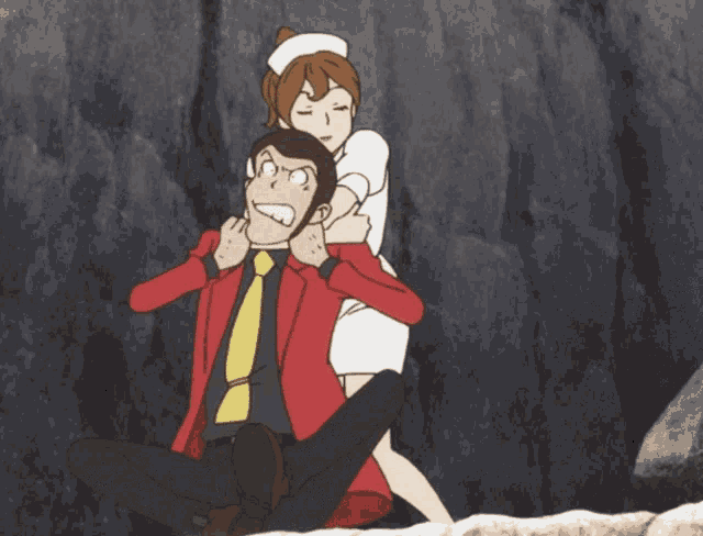a woman in a nurse 's outfit sits on a man 's shoulders
