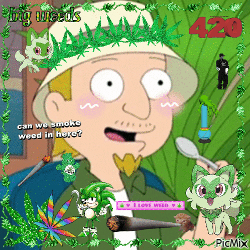 a cartoon of a man smoking a joint with the words " big weeds 420 " on the top