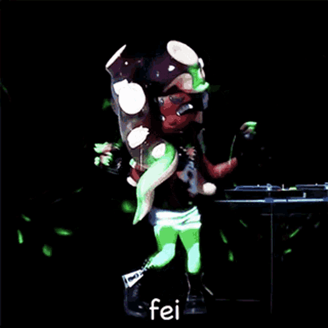a cartoon character is holding a green octopus and the word fei is on the bottom right