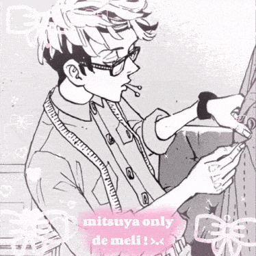 a black and white drawing of a man smoking a cigarette with the words mitsuwa only de meli below him