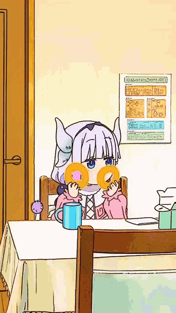 a cartoon of a girl sitting at a table eating a doughnut