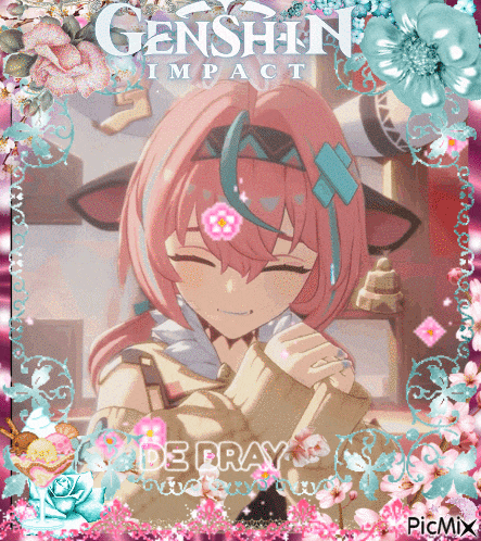 a picture of a girl with pink hair and the words genshin impact on the top