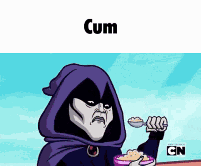 raven from teen titans go is holding a bowl of cereal and a spoon .