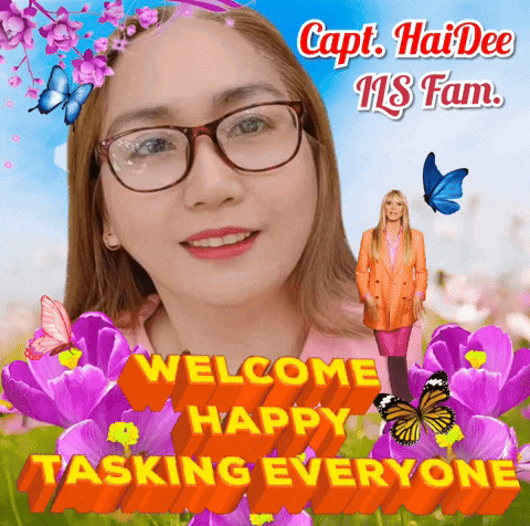 a woman wearing glasses is surrounded by purple flowers and butterflies and says welcome happy tasking everyone