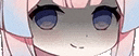 a close up of a pink haired anime girl with blue eyes .