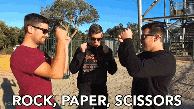 a man wearing sunglasses holds his fist up in the air with the words rock paper scissors written below him