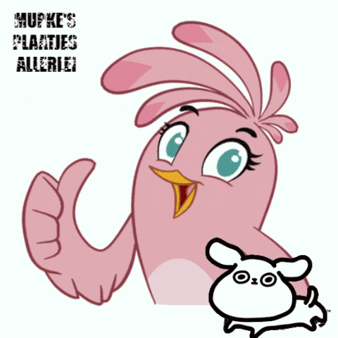 a pink bird giving a thumbs up next to a blue dog that says mupke 's plaatjes allerlei