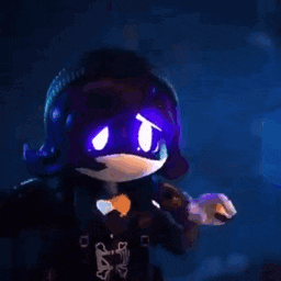 a cartoon character with purple eyes and a purple mask is holding a knife .