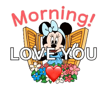 a cartoon illustration of minnie mouse with flowers and a heart and the words `` morning ! love you '' .