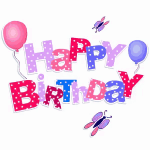 a pink and purple happy birthday sign with butterflies and balloons