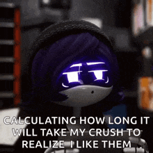 a cartoon character with purple hair is talking about how long it will take her crush to realize she likes them .