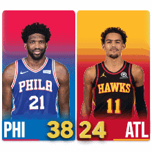 two basketball players from philadelphia and atlanta are standing next to each other