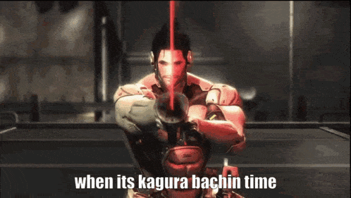 a video game character is holding a red light saber and says when its kagura bachin time .