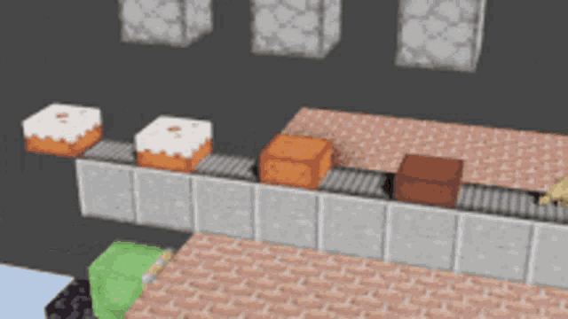 a conveyor belt with cakes on it in a minecraft scene