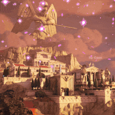 a statue of a man holding a spear is surrounded by buildings and purple flowers