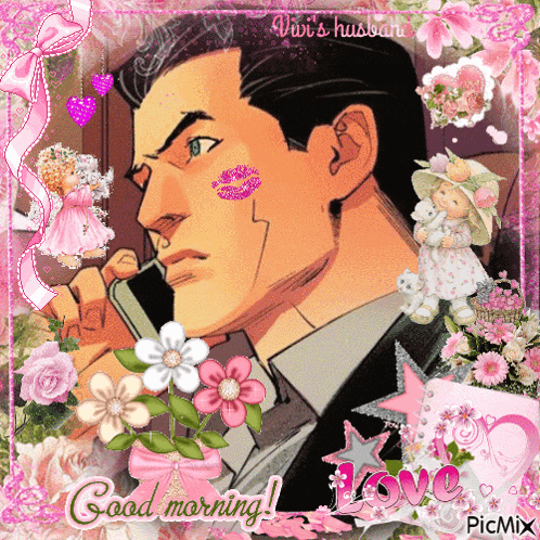 a picture of a man talking on a cell phone with the words good morning written on the bottom
