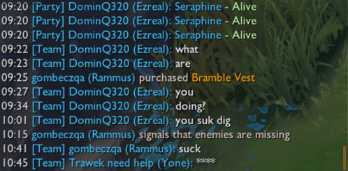 a screenshot of a video game shows a conversation between dominq320 and seraphaine