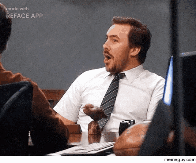 a man in a white shirt and tie is sitting at a table with his mouth open and the words made with reface app above him