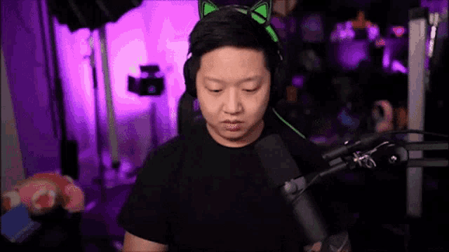 a man wearing a cat ear headset is standing in front of a microphone ..