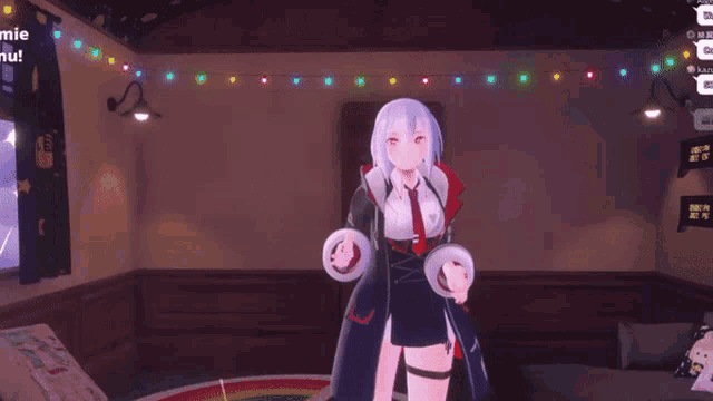 a girl with white hair and a red tie is dancing in a room with a clock on the wall that says 00 00