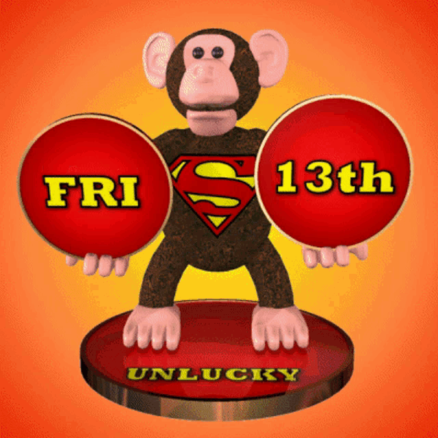 a monkey with a superman shirt is holding a red circle that says fri 13th
