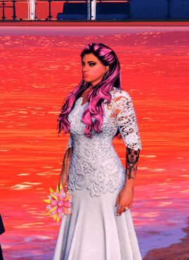 a woman in a wedding dress with pink hair is holding a bouquet of flowers