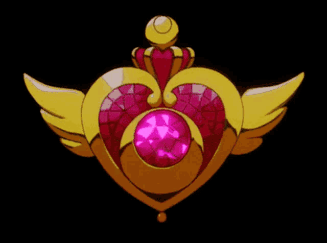 a cartoon heart with wings and a pink stone in the center