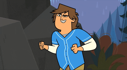 a cartoon character in a blue shirt is smiling and giving a thumbs up