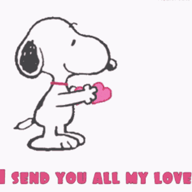 a cartoon of snoopy holding a heart with the words " i send you all my love "